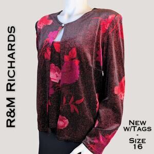 R&M Richards 2 Pc Blouse 16 Red Pink Floral Roses Shimmered Sparkle Event NEW